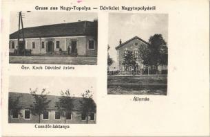 1916 Nagytopoly, Topolovec, Grosstoplowetz, Topolovatu Mare; Vasútállomás, Csendőrlaktanya, Özv. Koch Dávidné üzlete / railway station, gendarme barracks, shop