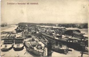 1913 Baracska, Baracka; téli kikötő, DSH uszályok. Borkovits Nándor kiadása / winter port, barges (EK)