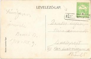 1914 Füzesabony, Fő utca, Vasútállomás, népviselet. Szecessziós pillangós hölgy montázs művészlap / ...