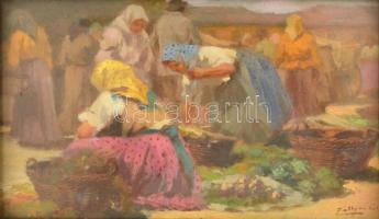 Pállya Celesztin (1864-1948): Káposzta vásár. Olaj, falemez, jelzett, üvegezett keretben, 10×17,5 cm