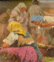 Pállya Celesztin (1864-1948): Káposzta vásár. Olaj, falemez, jelzett, üvegezett keretben, 10×17,5 cm