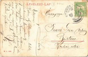 Szamosújvár, Gherla; Fő tér, Florián J. és Todorán E. üzlete, vizes hordót töltenek a kútnál. W.L. 1...