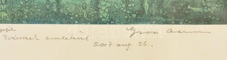Gross Arnold (1929-2015): Kertvárosi álom. Ofszet, papír, jelzett, üdvözlő sorokkal, üvegezett keret...