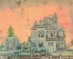 Gross Arnold (1929-2015): Kertvárosi álom. Ofszet, papír, jelzett, üdvözlő sorokkal, üvegezett keret...