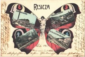 1905 Resicabánya, Resicza, Recita, Resita; Gépgyár, Nagyolvasztó és acélművek, beszállás a bányába, váltó, kazán és hídgyár, iparvasút. Braumüller L. kiadása. Szecessziós pillangós hölgy montázs művészlap / Maschinenfabrik, Hochöfen u. Stahlwerke, Einfahrt in die Grube, Weichen u. Kesselfabrik u. Brückenbau / machine factory, blast furnace, iron works, going down the mine, mine carts, industrial railway, bridge factory. Art Nouveau butterfly lady montage art postcard