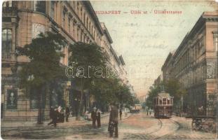 1908 Budapest IX. Üllői út, villamos, Makó Mihály, Kovald üzlete, Kilár János vendéglője és kávéháza, étterem (EM)