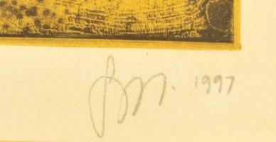 Szurcsik József (1959-): Álomvivők 1997. Színes rézkarc 4/20, papír, jelzett, üvegezett keretben, 24...