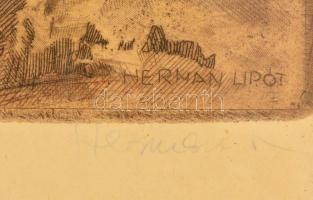 Hermann Lipót (1884-1972): Fürdőző nők ligetes tóparton. Színezett rézkarc, papír, jelzett, üvegezet...