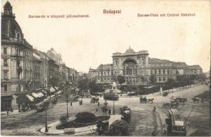 1913 Budapest VII. Keleti pályaudvar, Baross tér, villamosok, Takarékpénztár