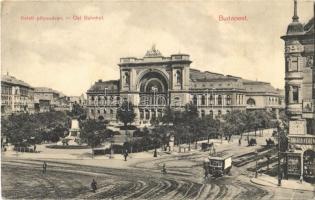 1912 Budapest VII. Keleti pályaudvar, Baross tér, villamosok, Takács Ferenc üzlete (EK)