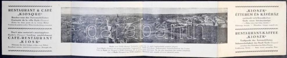 Győr, Kioszk Kávéház és étterem, Rábahíd, Városháza. Négy részes kihajtható reklám képeslap / 4-tile...
