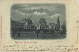 1899 Jászberény, Fő tér, templom, este. Rothauser Gábor kiadása (EK)