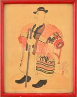 Pekáry István (1905-1981): Veszprémi juhász. Színezett rézkarc, papír, jelzett, üvegezett keretben, 20×15,5 cm