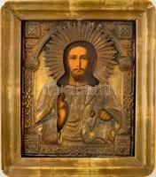 cca 1900 Tanító Krisztus ikon, réz okláddal, olaj (repedezett), fatábla, kopott apró horpadásokkal hibás keretben, jelzés nélkül, 26,5×21,5 cm