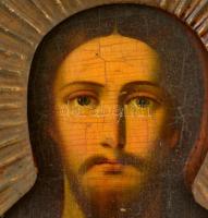 cca 1900 Tanító Krisztus ikon, réz okláddal, olaj (repedezett), fatábla, kopott apró horpadásokkal h...