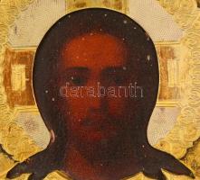 cca 1900 Tanító Krisztus ikon,réz okláddal (hibás), olaj (erősen besötétült)), fatábla (törött), kop...