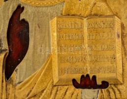 cca 1900 Tanító Krisztus ikon,réz okláddal (hibás), olaj (erősen besötétült)), fatábla (törött), kop...