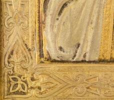 cca 1900 Tanító Krisztus ikon,réz okláddal (hibás), olaj (erősen besötétült)), fatábla (törött), kop...