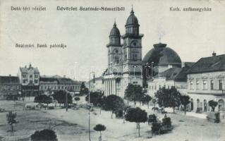 Szatmárnémeti, Deák tér, Szatmári Bank palotája, Katolikus székesegyház, Satu Mare, square, bank, Catholic cathedral