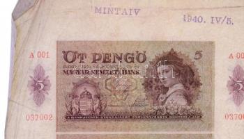 1939. 5P 21db-os vágatlan minta ívben, "1940. IV/5." dátummal T:III szakadt sarok RR! / Hu...