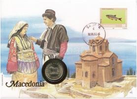 Macedónia 1993. 1D felbélyegzett borítékban, bélyegzéssel, német nyelvű leírással T:I  Macedonia 1993. 1 Denar in envelope with stamp and cancellation, with German language description C:UNC