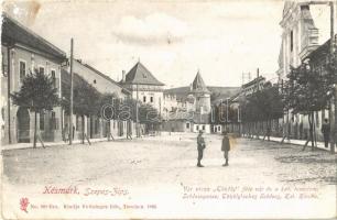 1906 Késmárk, Kezmarok; Vár utca, Thököly féle vár, katolikus templom, Hímző-gyár, Feitzinger Ede No. 908 Brs. / street, castle, church, embroidery factory (felszíni sérülés / surface damage)