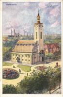 1934 Diósgyőr (Miskolc), Diósgyőr-Vasgyár, Református templom és paplak, művészlap (EK)