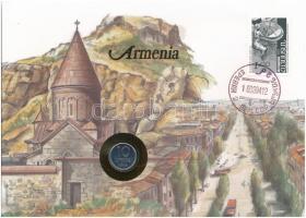 Örményország 1994. 10d felbélyegzett borítékban, bélyegzéssel, német nyelvű leírással T:I  Armenia 1994. 10 Dram in envelope with stamp and cancellation, with German language description C:UNC