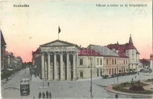 1914 Szabadka, Subotica; városi színház, új bérpalota, villamos / theatre, tram