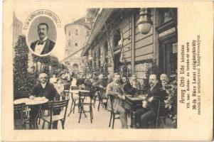 1910 Budapest VII. Árvay Ottó Ede kávéháza, terasz vendégekkel, 36. Rácz Laci cigánykirály esténként zenekarával hangversenyez. Biró Pál fényképészeti itnézetéből (EK)