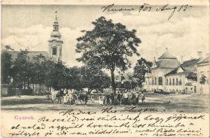 1903 Gyorok, Ghioroc; Fő tér, Római katolikus templom, Gróf Nádasdy kastély, lovaskocsi / main square, Roman Catholic church, castle, horse-drawn carriage