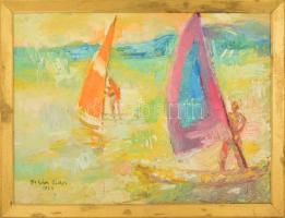 Juhász Erika (1926-2018): Szörfözők Balatonalmádiban. Olaj, vászon, jelzett, keretben, 60×80 cm