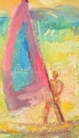 Juhász Erika (1926-2018): Szörfözők Balatonalmádiban. Olaj, vászon, jelzett, keretben, 60×80 cm