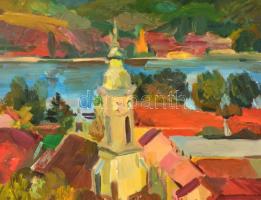 Juhász Erika (1926-2018): Nagymaros. Olaj, farost, jelzett, keretben,60×80 cm