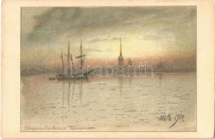 Saint Petersburg, St. Petersbourg; Peter and Paul Fortress, river, sailship, art postcard
