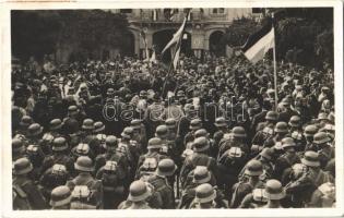 1938 Ipolyság, Sahy; bevonulás, katonai zenekar / military music band during the entry of the Hungarian troops + 1938 Az Első Visszatért Magyar Város So. Stpl