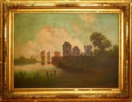 cca 1880 Jelzés nélkül: Vízparti táj erőddel. Olaj, vászon, hibás antik keretben, 78×107 cm