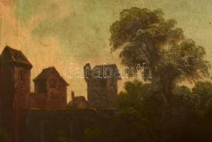 cca 1880 Jelzés nélkül: Vízparti táj erőddel. Olaj, vászon, hibás antik keretben, 78×107 cm