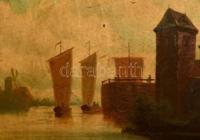 cca 1880 Jelzés nélkül: Vízparti táj erőddel. Olaj, vászon, hibás antik keretben, 78×107 cm