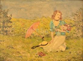 Illencz Lipót (1882-1950): Hölgy virágcsokorral. Olaj, vászon (benyomódva), sérült antik keretben, 60×80 cm