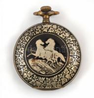 Lovas zsebóra, hiányos szerkezettel, mutatók nélkül, kopottas állapotban, d: 5 cm