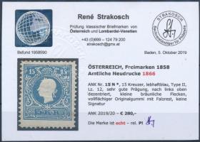 15kr Newprint of 1866 issue, bright blue, type II. Certificate: Strakosch 15kr 1866-os újnyomata, él...