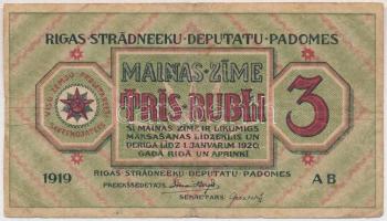 Lettország / Rigai Munkásszervezet 1919. 3R T:III Latvia / Rigas Workers Deputies Soviet 1919. 3 Rubli C:F Krause R2