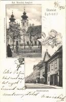 1905 Győr, Szent Benedek templom, Szeminárium, Győri Első Temetkezési Vállalat üzlete. Rembrandt fényképészet kiadása. Art Nouveau