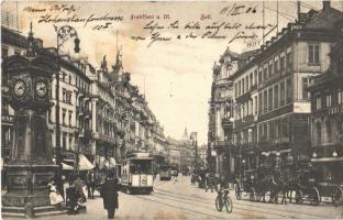 1906 Frankfurt am Main, Zeil / street, horse chariots, trams, clock column, bicycle (Rb)