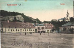 1911 Szilágysomlyó, Simleu Silvaniei; látkép, templom, Madár János üzlete. Heimlich K. kiadása / general view, church, shops