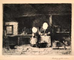 Munkácsy Mihály (1844-1900): Konyhában. Munkácsy egyetlen rézkarcának eredeti dúcról készült lenyomata (rézkarc), papír, jelzett a karcon, 20×28 cm