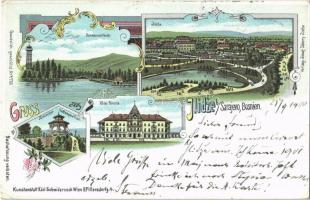 1900 Ilidza, Ilidze b. Sarajevo; Hotel Bosna, Schwanenteich, Türkischer Kaffeepavillon / hotel, lake, Turkish cafe shop. Kunstanstalt Karl Schwidernoch Art Nouveau, floral, litho (EK)