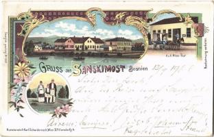 1900 Sanski Most, Sanskimost; Volkstypen, K.u.k. Militär Post / folklore, Austro-Hungarian military post office, horse cart. Kunstanstalt Karl Schwidernoch Art Nouveau, floral, litho