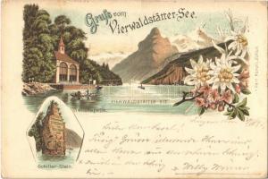 1896 (Vorläufer!) Vierwaldstättersee, Lake Lucerne; Tellskapelle, Schiller Stein / chapel, rock monument. Carl Künzli floral litho (EK)